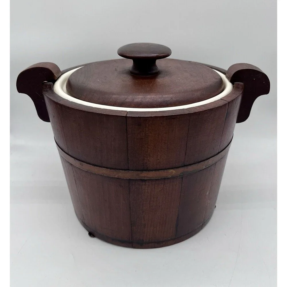 Antique Primitive Porcelain Lined Biscuit/Tobacco Jar/Ice Bucket Wooden Barrel